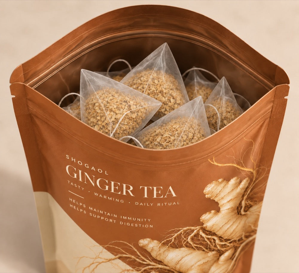 Ayven Ginger Tea pouch open, showing pyramid tea bags