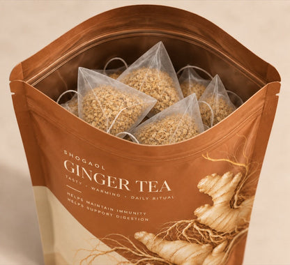 Ayven Ginger Tea pouch open, showing pyramid tea bags